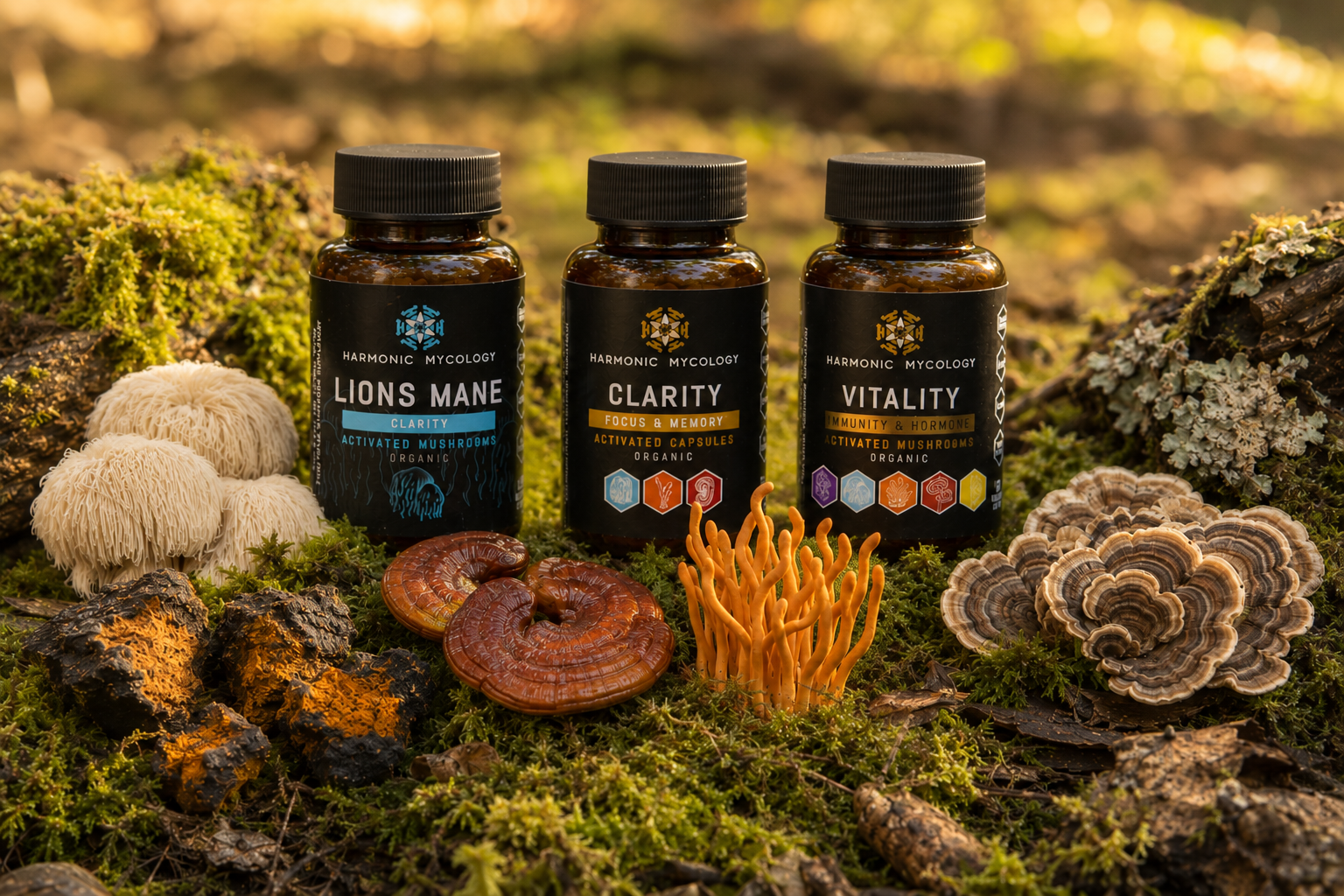 Capsuled activated mushroom powder blends.